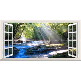 Painting Style Wallpaper Poster (Removable Sticker Type) -Window Views- How to Take Earth - Light Shower and Delicious Water Source, Superb View of Kikuchi Valley, Kikuchi City, Kumamoto Prefecture, Panoramic Views of Japan, Window Specification / Trick 