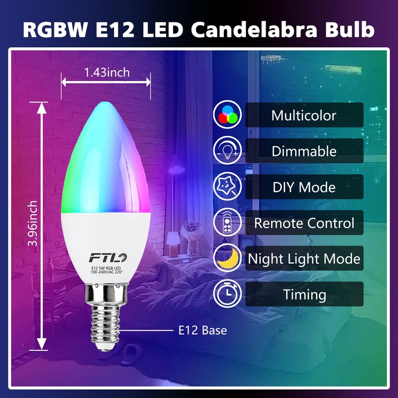FTL E12 LED Color Changing Candelabra Light Bulb with Remote