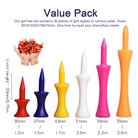 L0famy Golf Tees Plastic, 30 Pcs Multiple Colours Mixed Sizes Castle Golf Tees, 30/37/43/51/59/70mm Small Golf Accessories - Brightly Coloured, Strong, Durable