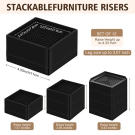 Chunful 12 Pack 4.33 Inch Furniture Raiser, Stackable Bed Risers Blocks, Support up to 1300 Lbs Adjustable Heavy Duty Furniture l Shape Square Raising Blocks for Table Desk Sofa Chair Couch