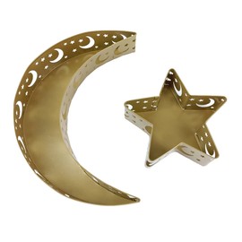 KYMY Ramadan Eid Mubarak Dessert Tray, Moon Star Metal Plate Tray for Islamic Muslim Festival Party, Dessert Food Fruit Storage Tableware for Ramadan and EID Mubarak (Moon+Star)