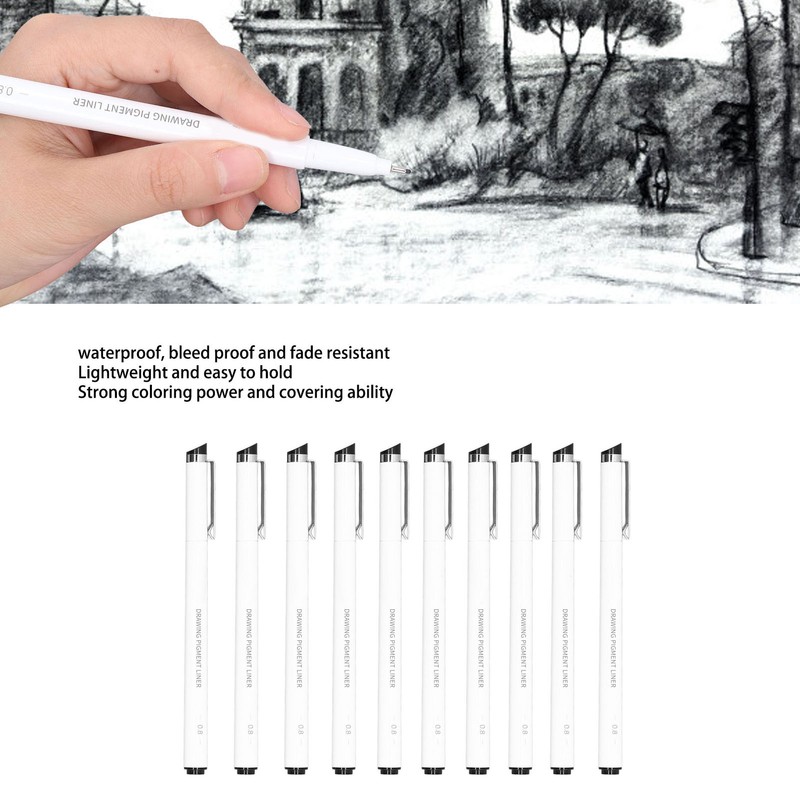 10Pcs Fineliner Pens Black Ink Durable Waterproof Fadeless High Smoothness