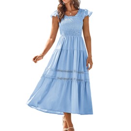 GRACE KARIN Beach Dresses for Women 2025 Vacation Boho Summer Dress Spring Dress for Women 2025 Smocked Midi Dress Sundresses for Women 2025 Trendy Light Blue Size 2XL