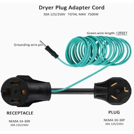 Fullsky FC-103143G Male Older Dryer 3 Prong Plug to Female 4 Prong New Dryer Receptacle Adapter 3 Prong to 4 Prong Power Adapter Cord nema 10-30p to 14-30r 30a to 30a Output 250volt