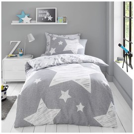 GC GAVENO CAVAILIA Luxury Kids Fitted Sheet Super Star Cover OR Easy Care Children Curtains, Polycotton, Grey, Double Duvet Set