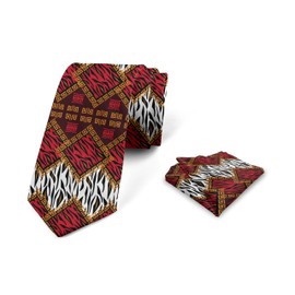 Ambesonne Savannah Men's Tie Set, Animal Skin Stripes as Diamond Shapes Pattern Wild Life Concept Native Art, Necktie Set Groom Handkerchief for Parties Weddings & All Occasions, Brown and Red