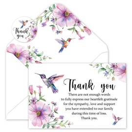 FYSUIMU 50Pcs Funeral Thank You Cards Boxed Purple Floral Hummingbird Sympathy Card with Envelope Sticker Bereavement Cards for Memorial Service Loved Ones Celebration of Life