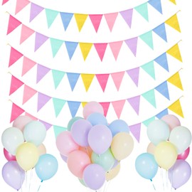 Bunting Outdoor Weatherproof, Pack of 5 Bunting Garland, Weatherproof Fabric Outdoor, Bunting Birthday for Garland Classroom Decoration, School Party, Wedding (5 Pieces 15 m + Macaron Balloons)