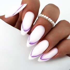 Purple Gradient Press on Nails Purple Curve Line Stick on Nails Medium Almond White French Tips Acrylic Fake Nails 24 Pcs Glossy Purple Ombre False Nails Blooming Gel Glue on Nails for Women Girls