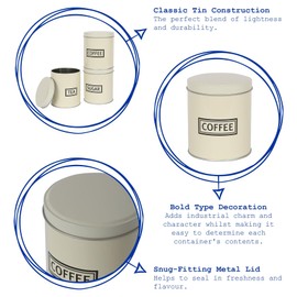 Harbour Housewares 3pc Round Metal Tea Coffee Sugar Canisters Set - White/Copper - Kitchen Storage Tin Caddy Container Canister Jars with Lid