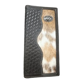 Urbalabs Mens Long Wallet Basketweave Coffee Leather Soft Leather Cow Hair Checkbook Style Cowboy Hand Crafted High End Mens Wallets Leather Bull Rider Rodeo Concho Gifts For Men, Brown, Western