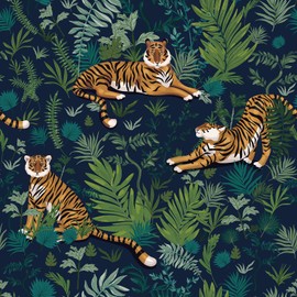VaryPaper 17.7''x315'' Tropical Jungle Tiger Wallpaper Peel and Stick Animal Wallpaper Self Adhesive Decorative Contact Paper for Cabinets Waterproof Removable Vinyl Wall Paper for Bedroom Nursery