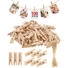 Pack of 100 Mini Wooden Pegs, 3 cm Wooden Clothes Pegs, with 10 m Jute Twine, Natural Wooden Pegs, Small, Decorative Clothes Pegs, Natural Decorative Pegs for Photos, Photo Wall, Postcards, Letters (3