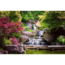 Japan Garden Landscape Backdrop Retro Style Park View Photography Background Waterfall Maple Trees Backdrop Bridge Kyoto Garden Travel Children Adult Portrait Photo Studio Props Vinyl 7x5ft