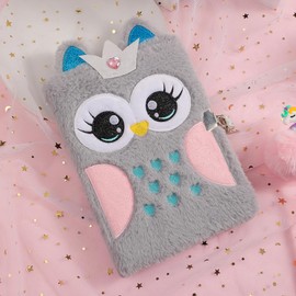BOLLEY JOSS Fluffy Cartoon Owl Notebook Cute Animal Plush Secret Diary with Lock & Keys Fuzzy Journal Writing Pad A5 Lined 152 Pages
