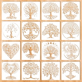 cobee Pack of 16 Tree Stencils, Reusable Stencils for Painting, Drawing Stencil Tree of Life 15 x 15 cm for DIY Scrapbook Decoration Template Photo Album Textile Design