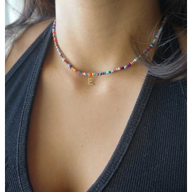 Colorful Beaded Initial Necklaces Letter Necklace Choker Bohemian Necklace Boho 3MM Beads Choker Dainty NecklaceGold M