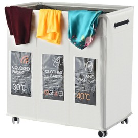 Haundry Laundry Basket with Wheels, Collapsible Laundry Baskets, Laundry Hamper with Handles Detachable Wheels, Rolling Laundry Basket, Dirty Clothes Hamper for Bathroom, Dorm, Bedroom, White, 140L