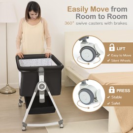 OHFLY 4-in-1 Baby Bassinet Bedside Sleeper for Newborns - Baby Rocking with 6 Adjustable Heights and 360° Locking Wheels | Portable Infant Crib with Storage Basket and Mosquito Net | Breathable Mesh