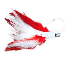 No Alibi Trolling Feather Rigged & Ready, White/Red Skirt, 1/2 oz Head, 7/0 Mustad Hook, AFW Swivel, 100 lb Grand Slam Mono Line, 6 ft