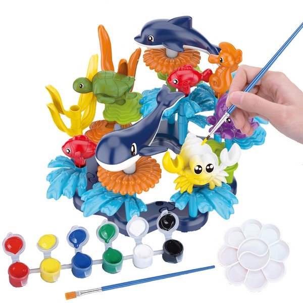 KC Republic Ocean Reef Sea Creatures 37pcs Water Washable Painting & Building Toy Set, Children's Activity Art Kit, Paint Your Own Buildable Ocean Reef Toy with Seahorse, Fish, Dolphin, Shark, Crab