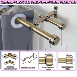 Mayrhyme Antique Bronze Double Corner Window Curtain Rods with Aluminum End Cap Finials and Brackets,1 Inch Diameter Dual Bay Window Curtain Rods, Adjustable 2 Sided 32-86 Inch Double Drapery Rod