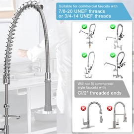 44inch Commercial Sink Hose with Grip Handle & Spring, Replacement B-0044-H Pre-Rinse Hose Stainless Steel Overhead Spring & Heat Resistant Handle for T&S Brass Faucet Restaurant Industrial Dishwasher