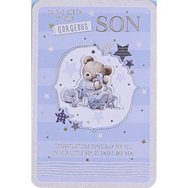 prelude New Baby Boy Card ~ Congratulations On The Birth Of Your Gorgeous Son ~ Lovely Quality New Baby Bear & Balloons Card.