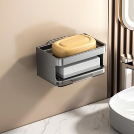 YISMAN Wall Mounted 2 Tier Soap Dish for Shower, No Punching Soap Box with Drain Tray 2-Pcs (Grey)