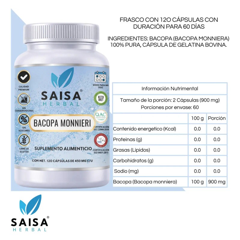 Bacopa Monnieri 450 120 Cápsulas Saisa Herbal Suplemento Cognitivo Natural