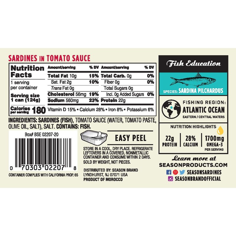 Season Sardines in Tomato Sauce - Wild Caught, 22g of
