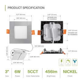 ASD 6 Pack LED Square Recessed Lighting 3 Inch, 5 CCT 2700K-5000K, 6W 30W Eqv, Ultra Thin Dimmable Ceiling Lights with J Box, Canless Wafer Downlight, Slim Panel Light, UL Energy Star, Brushed Nickel