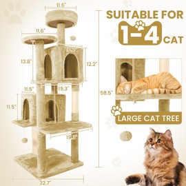 TSCOMON 58.5inch Large Cat Tree Tower Condo for Indoor Cats, Soft Plush Multi-Level Climbing Tree Cat House with 1 360° Rotating Cat Cave, Scratching Post, More Entrance/Exit, Sisal Rope, Light Yellow