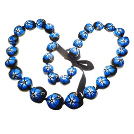 Aloha Passion Hawaiian Style Necklace Hawaii Black Kukui Nut Lei w/Hand Painted Blue Hibiscus Flowers Ribbon Strung 32"