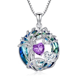 TOUPOP s925 Sterling Silver Family Tree of Life Pendant Necklaces with 2 Heart Birthstone with Crystal Jewellery Birthday Christmas Gifts for Women Her, Sterling Silver, Cubic Zirconia