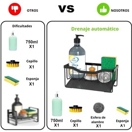 U Chef Soporte para Esponja de Fregadero de Cocina con Bandeja de Drenaje Automático, Porta Esponja para Fregadero, Organizador de Fregadero de Cocina, Organizador de Esponja de Jabón (Negro)