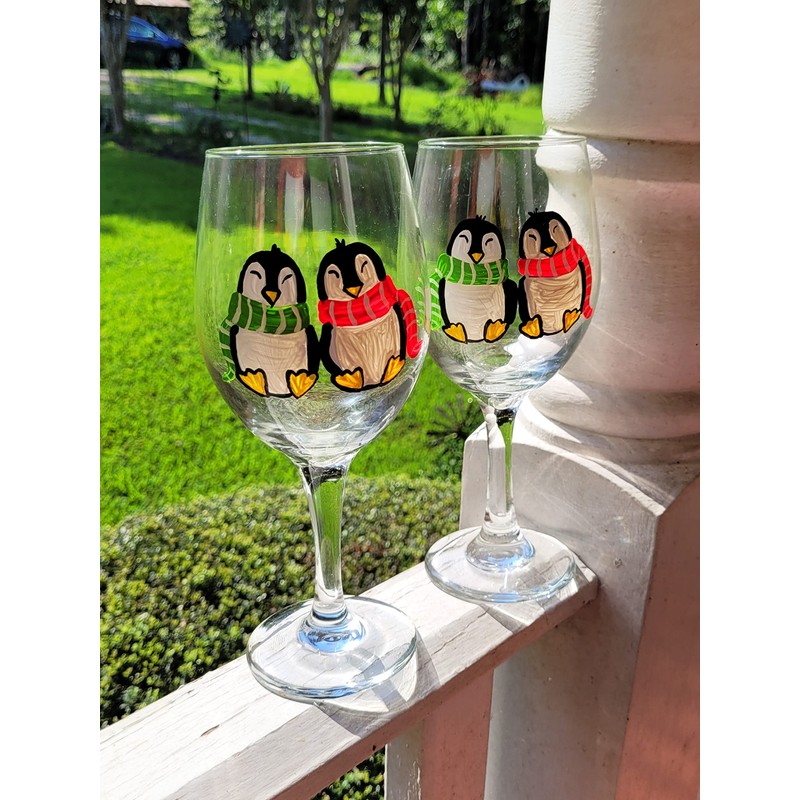 Cute Winter Penguin Couple Hand Painted Stemmed Wine Glasses Set