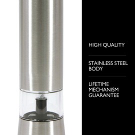 Cole & Mason Hampstead Electronic Salt Mill - Electric Salt Grinder Set - Adjustable Electric Spice Grinder - Kitchen Tool & Gadget - Hand Wash - Stainless Steel