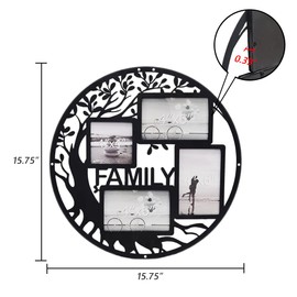 Family Tree Picture Frame Collages for Wall Decor Metal Multi Frames Round Circular Circle Hanging Photos (black, 15.75" x 15.75" x 0.3")