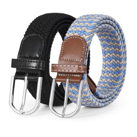 JASGOOD Women Braided Elastic Belt, 1.38'' Width Woven Fabric Belt for Jeans Men Golf Belt with Silver Buckle