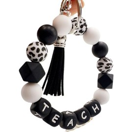Phamines Keychain Wristlet Bracelet for Teacher,Silicone Beaded Key Ring Bracelet Wristlet, Teacher Gift from Student (Black)