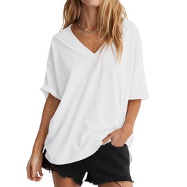 Ovanviso Womens Oversized T Shirts Cotton Short Sleeve Tees Ribbed Trim V Neck Tops Loose Fit Fashion Clothes 2025 White