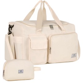 FIORETTO Womens Mens Sports Gym Bag Duffle Bag with Shoes Compartment, Weekend Travel Bag Overnight Bag for Women, Foldable Water Resistant Holdall Hospital Bag for Swimming with Toiletry Bag Beige