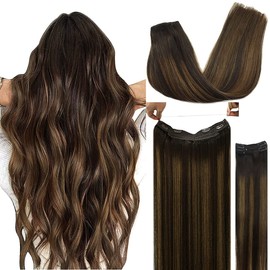 DOORES Wire Hair Extensions, 12 Inch 100g Fish Line Extensions and Balayage Dark Brown to Chestnut Brown, Human Hair Extensions Straight Hair Remy Hair