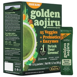 Golden Aojiru Green Superfood Powder – Japanese Barley Grass Juice with 25+ Vegetables, Prebiotic & Enzymes – Gluten Free, Green Juice – 46pcs