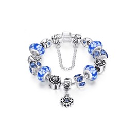 Verona Charm Bracelet with Crystal Beads Snake Chain with Beads crystal charm bracelet for Women (flower blue)