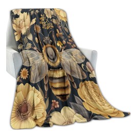 Yellow Bee Blanket 60x80 in Birthday Gifts, Vintage Floral Bumblebee Garden Throw Blankets for Home Traveling Camping Car Decor, Comfort Fluffy Warm Throws, for Nature Lovers Women Adults