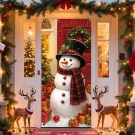 Christmas Door Cover, 79x35Inch Snowman Christmas Door Decorations Reusable Fabric Snowman Banner Backdrop Outdoor Sign for Xmas Front Doors Home Office Wall Doors Party Decorations ﻿
