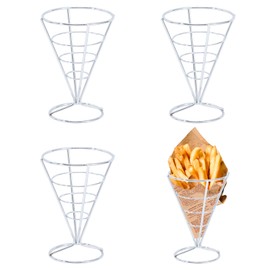 CHGCRAFT 4 Pcs French Fries Stand Cone Basket Fry Holder Iron Cone Holders Reusable Snack Basket for Home Party Kitchen Restaurant Cafe Table Serving, Silver, 148×101×132mm