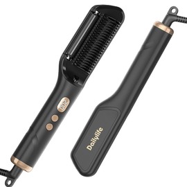 DAILYLIFE Hair Straightener, Straightening Brush with Oil-Infused, Ionic Straightening Tool 20s Fast Heating, 9 Temps, LCD Display Hot Comb, Dual Voltage Flat Iron, Black